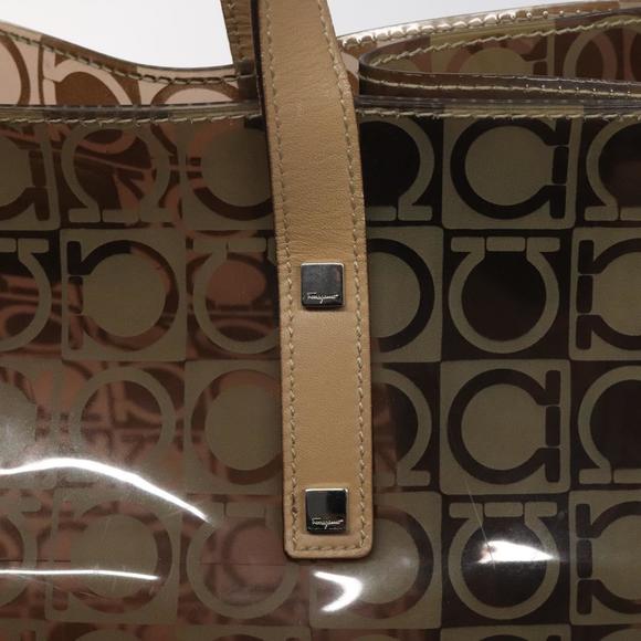 Salvatore Ferragamo Gancini Tote Bag Vinyl Brown Silver Auth BA2989